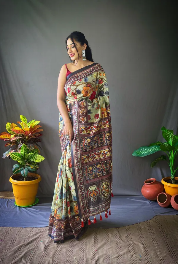 Green_Soft_Cotton_Kalamkari_Print_Saree_With_Blouse_Piece_Attached